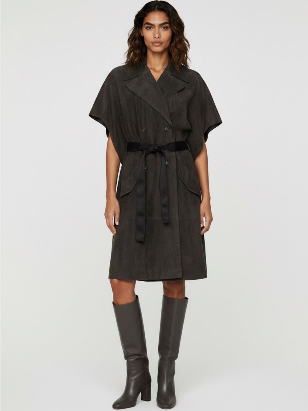 Brunello Cucinelli Dark Gray Suede Belted Trench Coat